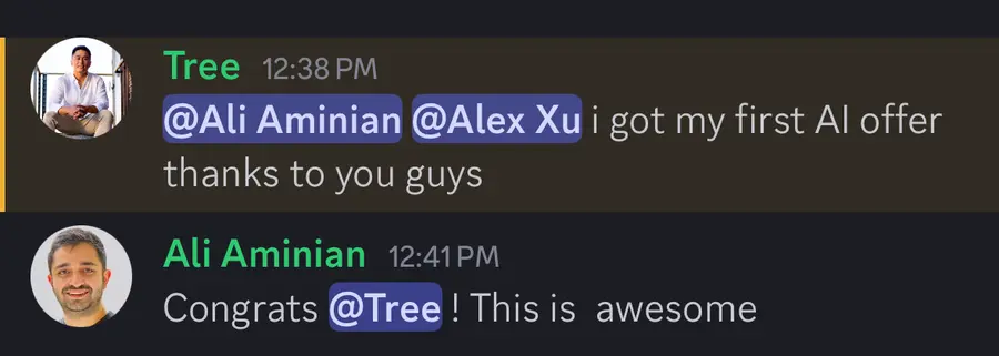 Discord message from a ByteByteGo learner who got their first AI offer