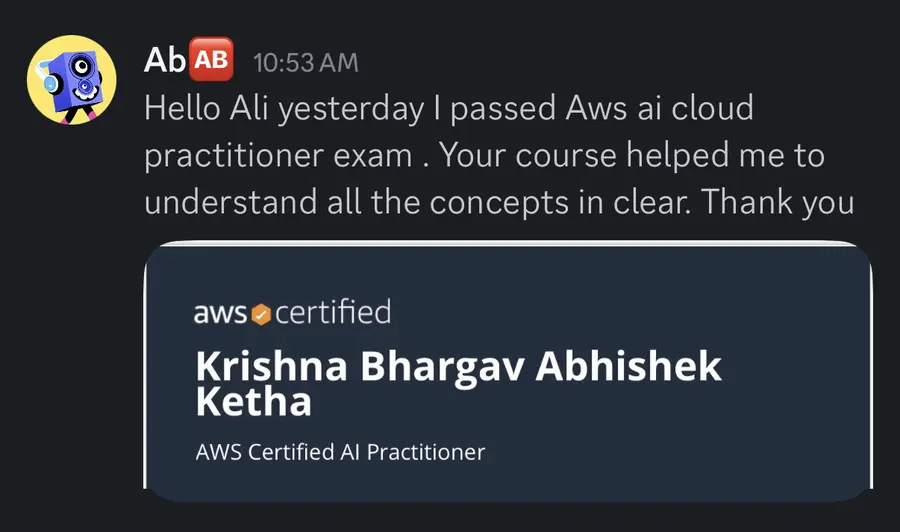 Discord message from a learner who passed the AWS AI Practitioner exam after the course