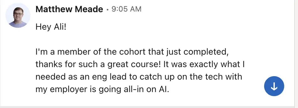 LinkedIn message from a software engineering lead thanking Ali for the course